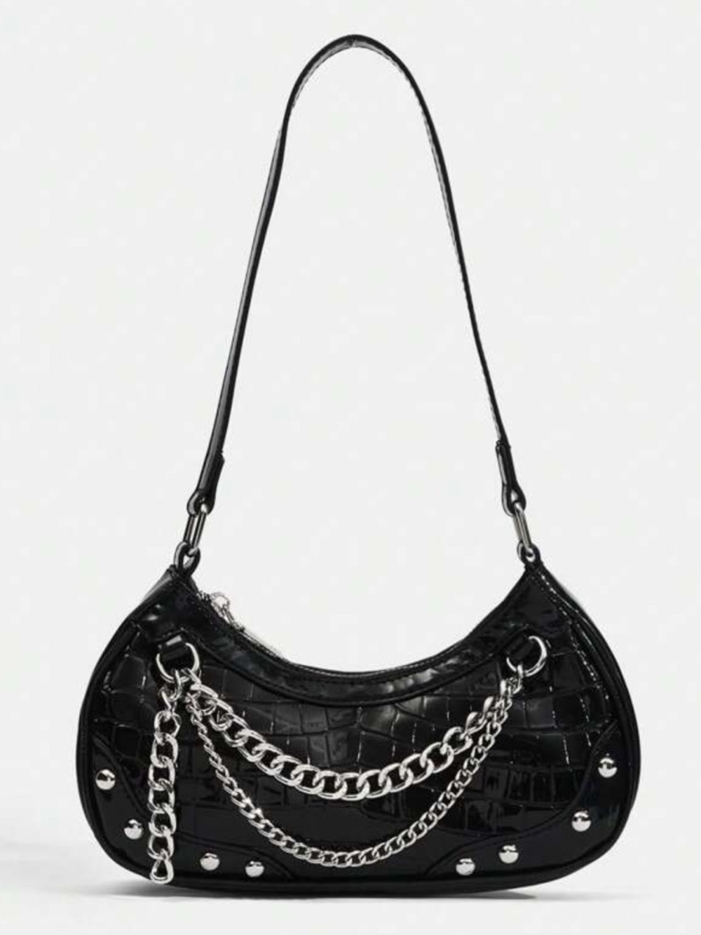 Y2K Black Croc Embossed Chain Shoulder Bag
